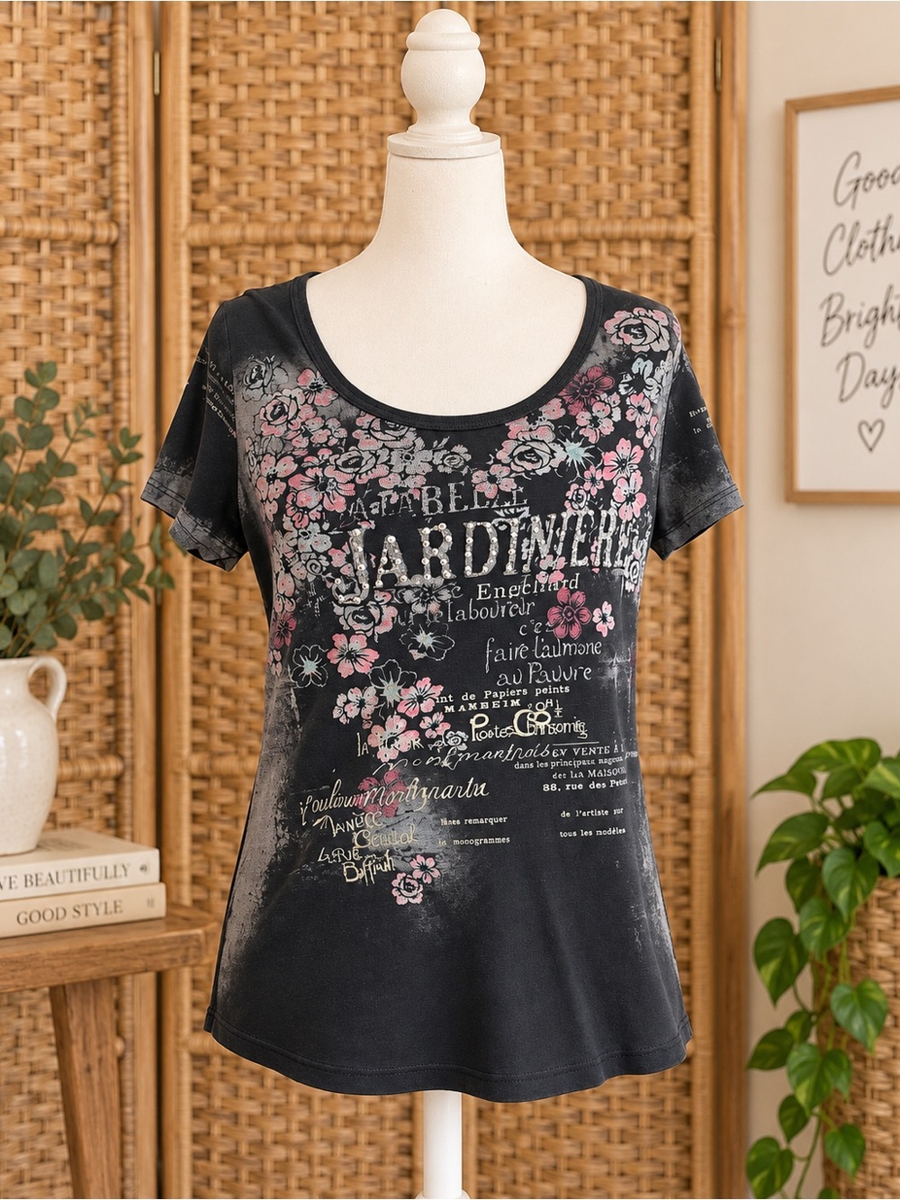 Y2K Made in USA Rhinestone Floral Graphic Tee Distressed French Boho Rocker
